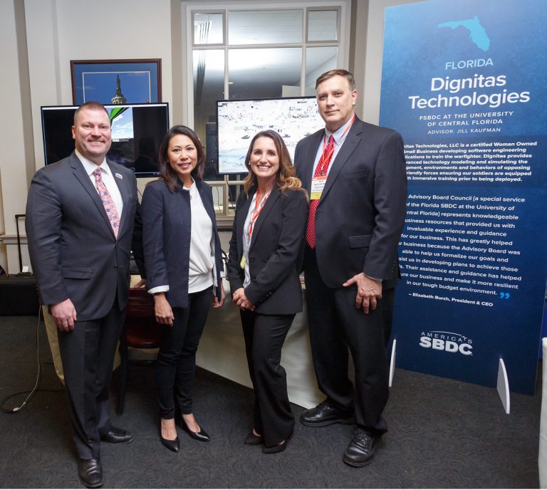 L-R: Michael Myhre, CEO of the Florida SBDC Network; U.S. Congresswoman Stephanie Murphy; and Elizabeth and Bob Burch at the 2018 Client Showcase and Reception